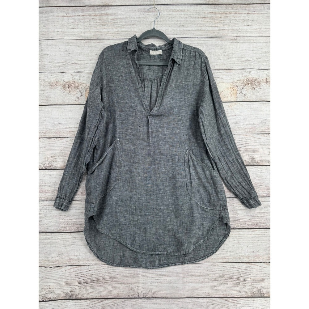 CP Shades Tunic Women S Gray 100% Linen V-Neck Long Sleeve Pockets 798-143
